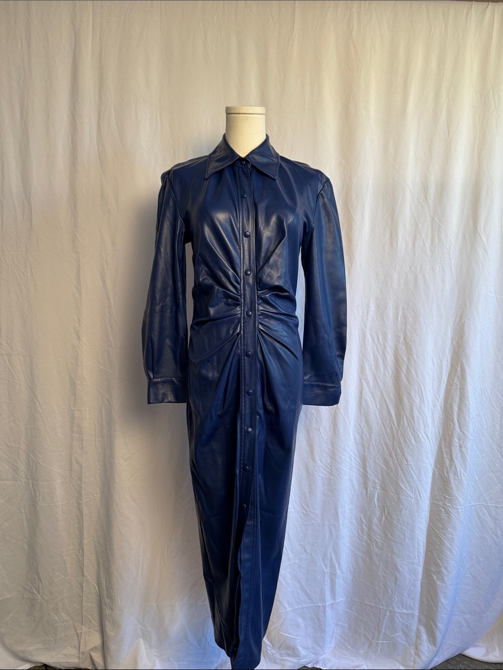 Zara Navy Faux Leather Button-Front Midi Coat